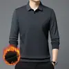 Conjunto de duas peças masculino de inverno com forro de fleece, camisa polo de manga longa versátil, top básico espesso para negócios casuais