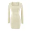 Vestido de Punto Cuadrado Dulce Coreano de Manga Larga para Mujer, Capa Interior de Otoño Ajustada, Adelgazante y Pura Seducción, Vestido Largo Bodycon