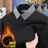 2026 Nuevo Suéter de Mezcla de Lana para Hombre con Forro Polar de Felpa Falso Dos Piezas Camisa de Invierno Cuello Camisero Grueso Cálido Capa Base Prendas de Punto
