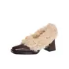 Sapatos de Salto Alto Silenciosos de 7cm para Mulheres no Inverno Novo Estilo Estilo Francês Sapatilhas com Forro de Lã Padrão de Elefante Couro de Vaca Pele de Ovelha Encaracolada Sapatos Femininos