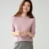 Estilo simple 25% seda de morera 75% cachemira cuello redondo manga corta tejido suéter para mujer holgado pullover capa base