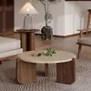 Mesa de Centro de Madeira Maciça com Travertino, Pequena Mesa de Chá Minimalista para Apartamentos Pequenos, Mesa de Centro Redonda de Mármore para Uso Doméstico na Sala de Estar ou Varanda