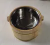 Cubo de madera para arroz aislado, redondo con tapa, uso comercial, contenedor de arroz para sushi de hotel/restaurante, cubo pequeño de madera para servir arroz y vajilla.