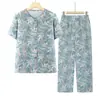 Roupa de Verão para Mulheres de Meia-Idade e Idosas Conjunto Duas Peças de Manga Curta para Avós Camisa de Algodão e Seda de Verão para Mãe Conjunto de Camisa para Casa para Senhoras Idosas