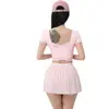 Novo Conjunto de Yoga Feminino com Bojos, Costas Cruzadas em Renda Bonitas, Manga Curta, Cintura Alta, Emagrecedor, Esportivo, Conjunto de Saia Plissada