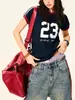 Nova Camiseta Esportiva de Verão com Design Retro Color-Blocking e Estampa de Letras, Estilo Jersey, para Mulheres, Manga Curta Slim Fit Estilo Americano