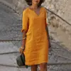 En stock Verano 2021 Transfronterizo Nuevo Comercio Exterior Vestido de Algodón de Manga Larga Media con Cuello en V de Longitud Media