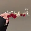 Adorno de Cabeça para Noiva Grampo de Cabelo Flor com Franja para Noivado Feminino Clip de Bico de Pato para Ano Novo Novo Chinoiserie Grampo de Renda Vermelha para Cheongsam