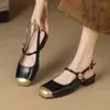 Sandálias Baotou Vazadas nas Costas Femininas 2025 Novo Verão Sapatos Mary Jane com Salto Quadrado Costurados Sapatos de Comércio Exterior