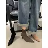 Botines de gamuza de tacón alto y punta fina, zapatos de mujer, nueva colección 2025, adecuados para primavera, otoño e invierno, con forro de felpa, estilo coreano