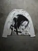 Camiseta de Manga Larga Casual Holgada para Mujer con Cuello Redondo, Estilo Punk Retro Americano, Personaje de Anime, Estampado de Cómic Blanco y Negro