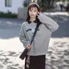 Moletom Curto de Outono para Mulheres, Novo Estilo, Estilo Coreano da Moda, Gola com Costura Contrastante Solta, Blusa Versátil