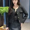 Chaqueta corta de cuello redondo, de un solo botón, para mujer, adecuada para primavera y otoño, con un estilo chic y elegante, efecto adelgazante y mangas largas versátiles.