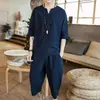 Terno de Linho Masculino Estilo Chinês Masculino 2022 Novo Verão Algodão e Linho Manga Curta Camiseta Verão Masculino Camiseta Tang