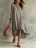Vestido de marca independiente, estilo vacacional de verano transfronterizo europeo y americano, vestido sin mangas de color liso, corte holgado, cuello redondo, vestido largo asimétrico