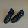 Versión de Piel de Vaca de Sandalias Retro Francesas Caladas para Mujer, Muy Elegantes para Verano, Zapatos Tejidos Tipo Jaula de Cerdo, Zapatos Romanos Planos de Piel Genuina