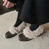 Mocasines Retro para Mujer Forrados de Felpa Zapatos de Algodón Calientes Punta Cuadrada Slip-ons Tacón Grueso Zapatos Pequeños de Cuero