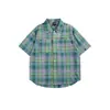 Camisa de Manga Corta a Cuadros con Bloques de Color de Verano de Moda Rumei para Hombre, Camisa de Media Manga con Cuello Estilo Universitario para Parejas, Estilo Callejero Americano