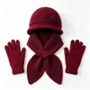 Conjunto de três peças para mãe para outono e inverno: novo chapéu de tricô floral com pelo de coelho, cachecol e luvas para aquecimento e proteção das orelhas