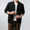 Jaqueta de tricô com zíper estilo casual americano para homens, cardigã com gola de lapela, casaco de suéter masculino, estilo fino para primavera, outono e inverno