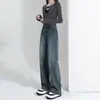 Calça jeans vintage de perna larga feminina com forro de lã, cintura alta, slim, pequena, solta, dosadora, reta, para outono e inverno de 2024
