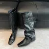 Encuentro Primero Temporada Negra Tacón Oculto Punta Fina Botas Largas Hasta la Rodilla Mujer 2026 Otoño/Invierno Nuevo Estilo Pantalón Arrugado Botas de Caballero