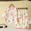 Processamento de Roupas de Ar Condicionado de Verão Personalizadas para Meninos Jacquard 100% Algodão Roupas de Casa para Meninas Gola Redonda Manga Sete Pontos Conjunto de Pijama Infantil
