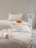 Juego de Tres Piezas de Cubre Cama de Gasa de Doble Capa de Algodón con Encaje Estilo Coreano, Funda de Edredón, Edredón de Verano, Juego de Cuatro Piezas de Edredón de Primavera y Otoño, Sábana de Algodón Gasa