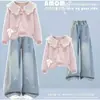 Conjunto de duas peças estilo coreano 2026, roupa dopamina, nova moda primavera/outono, camisa estilo boneca com gola e laço e calça jeans