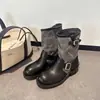 Botas Vintage de Retazos para Mujer, Botas de Montar a Media Pantorrilla a la Moda, Lona de Cuero Sintético con Tacón Grueso, Botas Versátiles con Hebilla Metálica