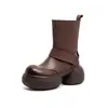 Jiezhou 2026 Nova Coleção de Outono: Botas de tornozelo personalizadas em estilo vintage, que afinam a silhueta, com bico redondo e sola grossa, feitas de couro de flor integral e com fecho de velcro.