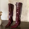 Primeiro Encontro Sazonal Duas Formas Bota Longa de Couro Verniz Vinho Tinto Destacável de Salto Alto para Mulheres, Botas Curtas Elegantes Afiadas para Outono/Inverno para Mulheres