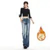 Pantalones Acampanados de Cintura Baja Estilo Retro Americano, Corte Ajustado, Versátiles, Forrados de Polar, Jeans Engrosados para Mujer y Pantalones de Longitud Extendida