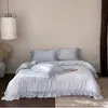 Conjunto de Quatro Peças em Tencel Lenzing com Lavagem à Areia para o Verão, Não Gruda para Dormir Nu, Capa de Edredom com Borda Franzida, Cor Sólida, Roupa de Cama Simples e Respirável