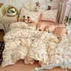 Juego de cuatro piezas de gasa de doble capa tipo nube de algodón acolchado, funda de edredón de gasa arrugada fresca y simple para dormitorio, sábana, juego de tres piezas de ropa de cama