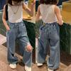 Calça Jeans Feminina com Rasgos Únicos, Perna Larga, Longa, Tamanho 26, Nova Coleção Primavera/Verão, Roupa Infantil de Comércio Exterior, Atacado para Idades 3-8