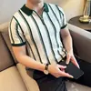 Polo a Rayas Bloque de Color con Media Cremallera y Manga Corta para Hombre, Camiseta Casual Elegante de Verano Ajustada con Cuello Campana
