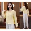 Conjunto de Verano para Mujer Estilo Chino Nuevo Hecho a Medida: Camisa Elegante y de Moda de Manga Larga con Cuello en V y Pantalones de Pierna Ancha