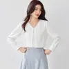 Tiro Real Primavera y Otoño Estilo Coreano Manga Corta Holgada Cubre Vientre Camisa de Gasa Top para Mujer Cuello Alto Moda Temperamento Elegante Camisa Pequeña