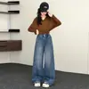 Jeans de Pierna Ancha Divididos de Otoño Vintage para Niñas con Diseño de Cinturón Bufanda, Cintura Elástica, Pantalones Rectos Sueltos Lavados