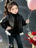 Roupa Infantil Jaqueta Feminina PU Clássica Renda Patchwork Jaqueta de Couro 26 Outono Inverno Nova Roupa Infantil de Comércio Exterior Dropshipping