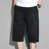 Calças cropped masculinas de algodão puro acima do joelho, shorts finos de trabalho de verão de 7 pontos, calças casuais largas de cintura alta com elástico de comprimento médio