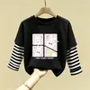 Camiseta de algodón 100% para niña, estilo dos piezas falsas, camiseta base de otoño para niñas, top elegante para bebés, ropa infantil de moda