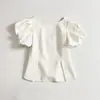 Moda Verão Estilo Europeu e Americano Roupas Femininas com Barra Fenda, Blusa Simples e Versátil com Manga Bufante, Camisa de Design Curto, Tendência