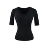 Camiseta de manga tres cuartos ajustada y elástica de color liso con escote en V pronunciado y fruncido en la cintura, nuevo estilo de verano, top básico elegante e informal para mujer