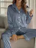 Pijama de Satín de Verano Transfronterizo Europeo y Americano, Cárdigan de Color Sólido con Solapa, Mangas Largas, Pantalones Largos, Superficie Lisa, Conjunto de Ropa de Casa para Mujer