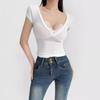 Deseo Puro Chica Caliente Sexy Encaje Cuello en V Manga Corta Camiseta para Mujer 2024 Verano Nuevo Ajuste Slim Top Adelgazante Corto
