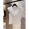 Blusa Blanca de Manga Acampanada en Capas con Volantes y Cuello en V para Mujer, Estilo Francés de Verano, Única y Hermosa, Top Muy Elegante