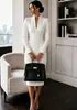 Vestido de Manga Larga con Cuello Alto y Abertura en V para Mujer, Estilo Europeo y Americano, Corte Ajustado, Bodycon, Vestido Formal de Longitud Media para el Trabajo