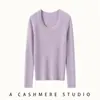 Elegante suéter de color liso con cuello en U y manga larga, suéter de cachemir tejido para mujer, nuevo top pullover ajustado de otoño e invierno